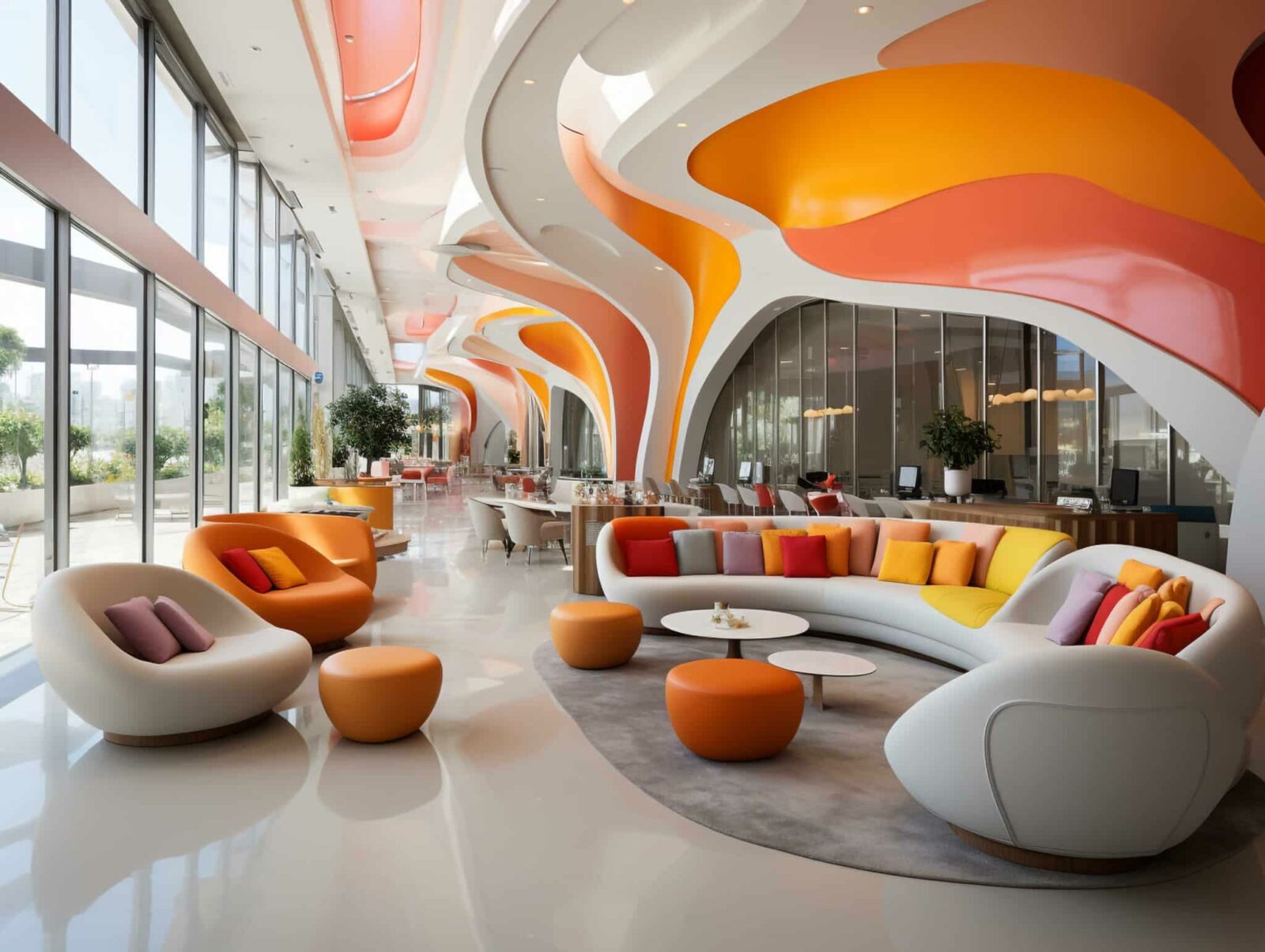 Lounge area design with an organic design concept, abstract and full of curve elements. The vibrant and playful color palette for the interior wall and furniture.