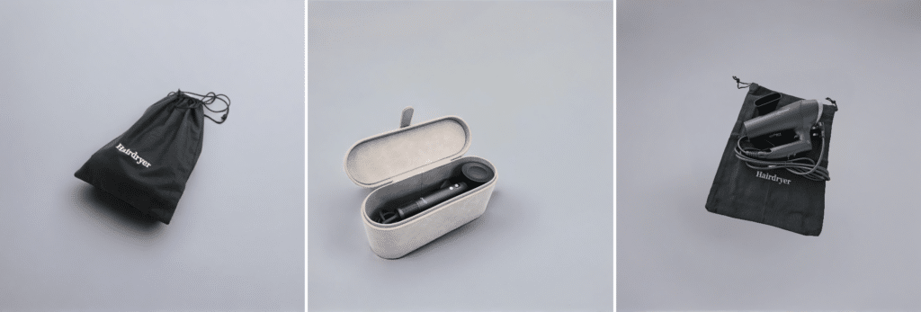 Decotel hotel hairdryer storage options including a drawstring bag and structured holder
