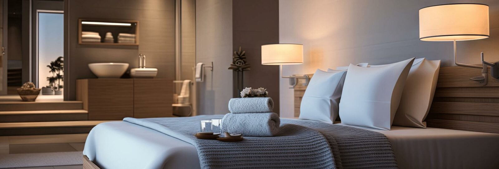 Contemporary hotel guestroom and bathroom representing Decotel Europe hospitality supplies