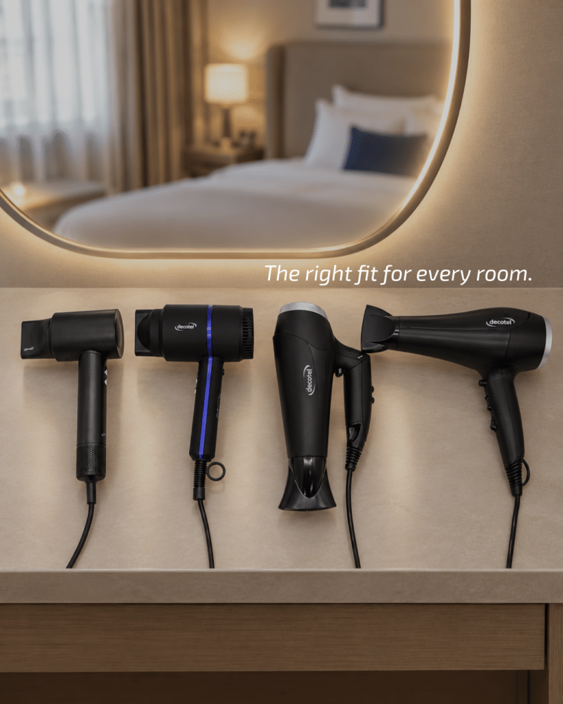 Decotel high-speed, compact, folding and ionic hotel hairdryer range